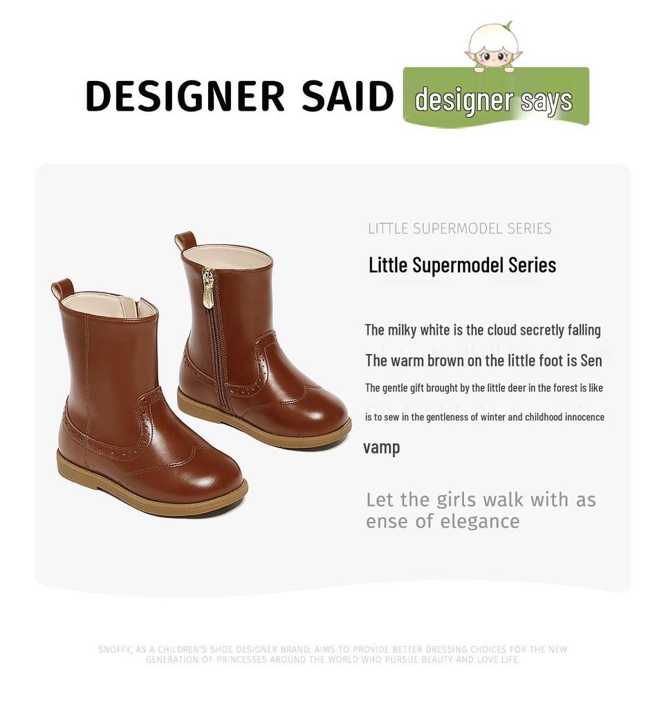 Snuffy Girls' White Leather Mid-Calf Boots - Stylish Warm Princess Boots for Autumn/Winter