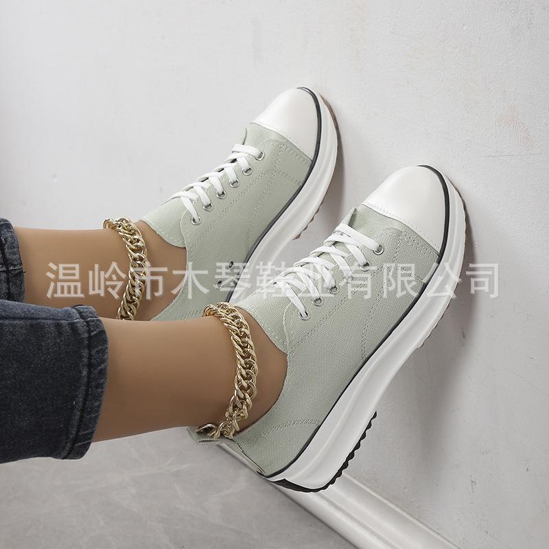 European and American large-size casual single shoes women's 2025 spring and autumn new round head lace-up thick-soled low-top canvas single shoes