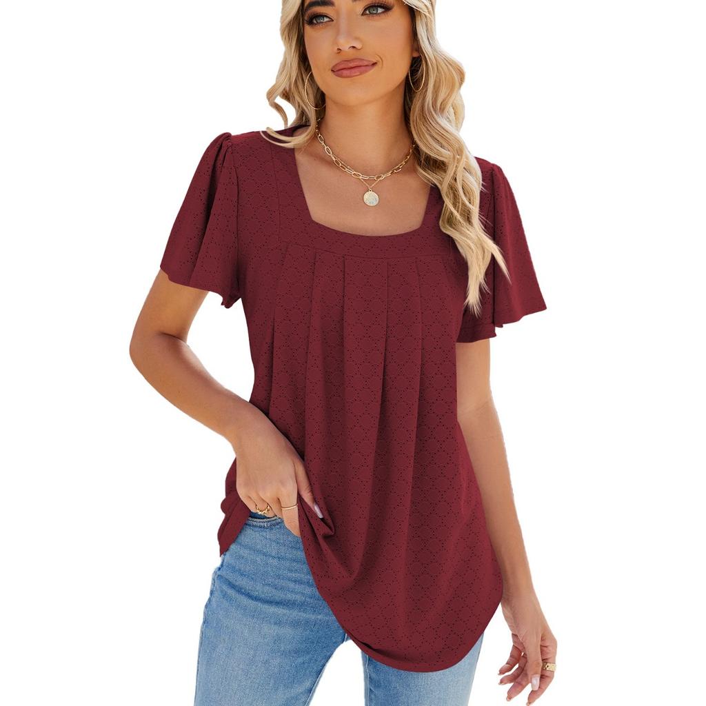 Spring Summer Women's Solid Color Square Neck Ruched Short Sleeve Loose T-shirt Top Casual Streetwear