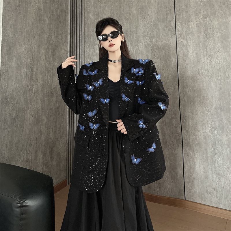 Niche Design Shiny Detachable Butterfly Black Blazer for Women Spring Autumn Loose Padded Shoulder Casual Suit Outerwear