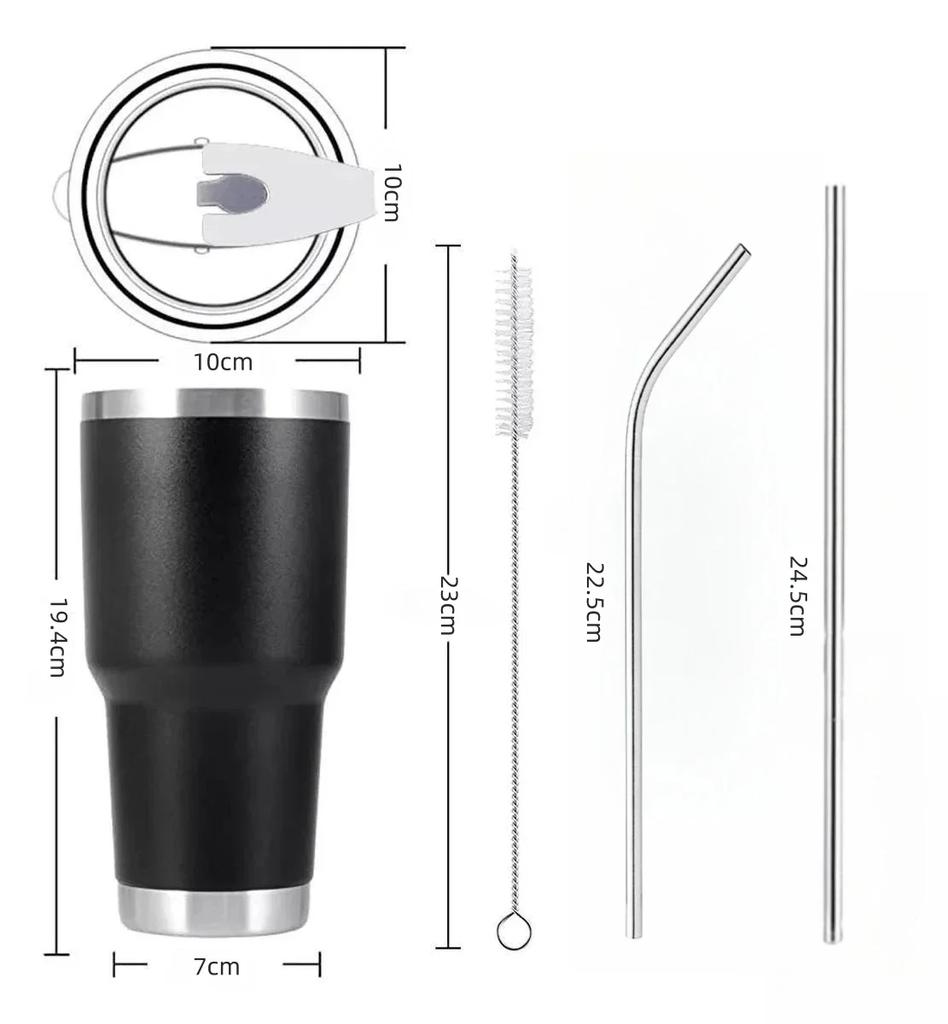 Gobelet 30 oz Double paroi Acier inoxydable Isolé sous vide Mug de voyage avec couvercle anti-éclaboussures Paille en métal et brosse