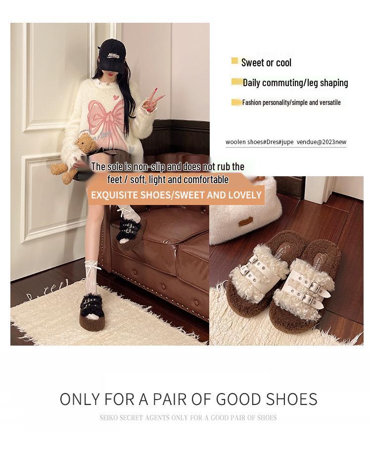 2025 Autumn/Winter Women's Furry Thick Sole Warm Slippers with One Strap and Belt Buckle
