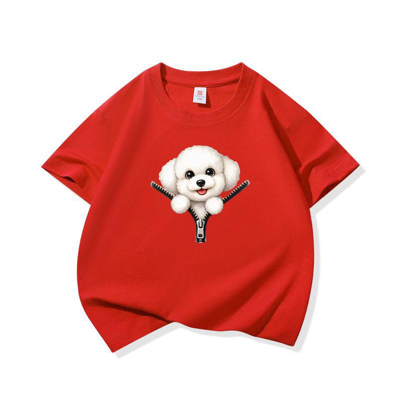 Kids Cotton T Shirt Cute Bichon Frise Puppy Dog Zipper Print Crew Neck Short Sleeve Tee Casual Boys Girls Summer Tops