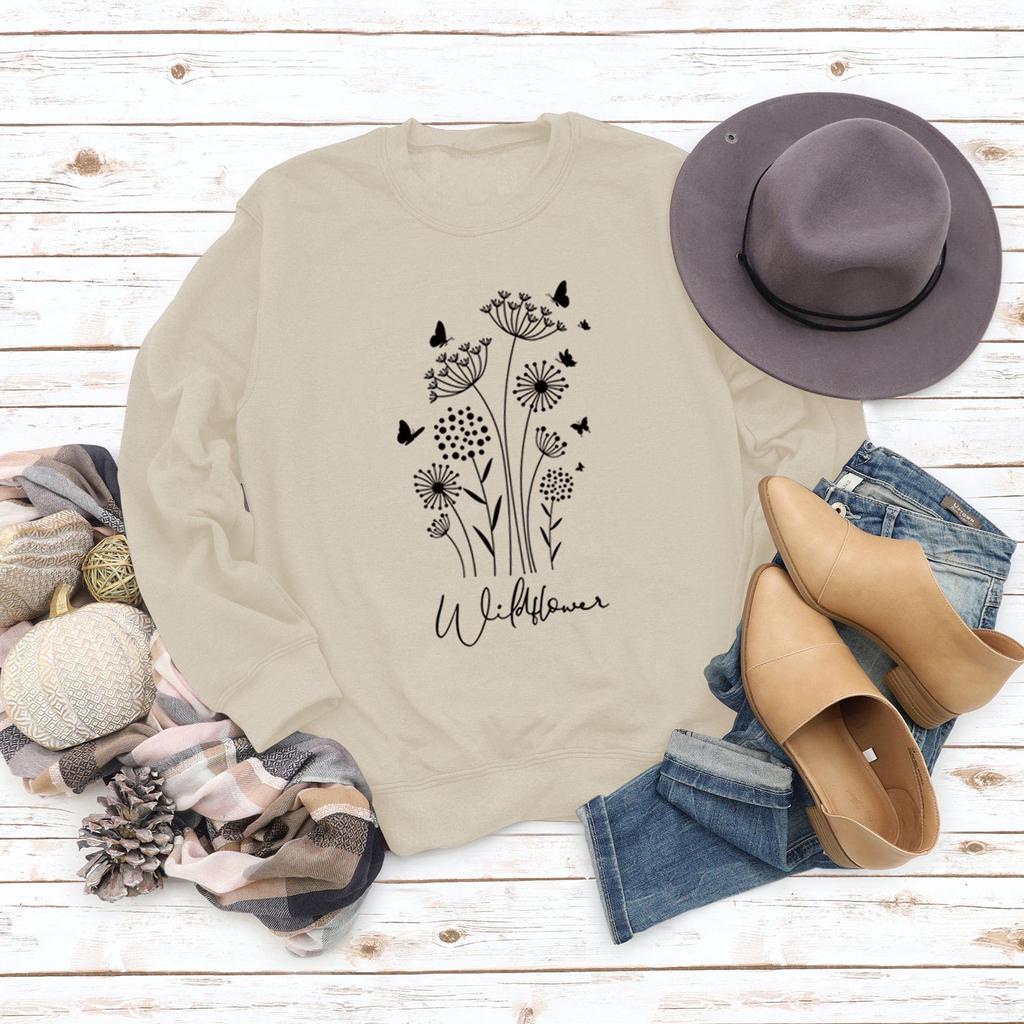 Sweat-shirt décontracté ample grande taille à imprimé papillon fleur sauvage transfrontalier, manches longues pour automne/hiver