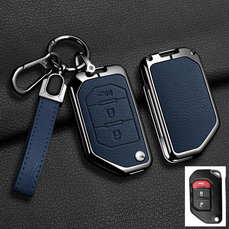 Convient Pour Jeep Gladiator Jt Sahara Jlu Wrangler Jl Rubicon Alliage de Zinc Cuir Véritable 2 3 4 Boutons Housse Étui Porte-clés pour Clé de Voiture Accessoires Auto