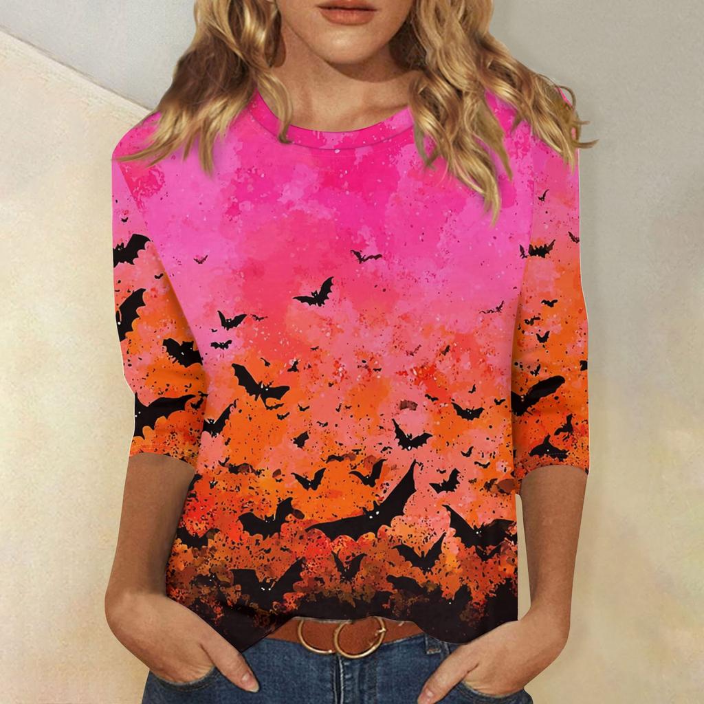 Women's Fashion Casual Three-quarter Sleeve Halloween Printed Round Neck Top