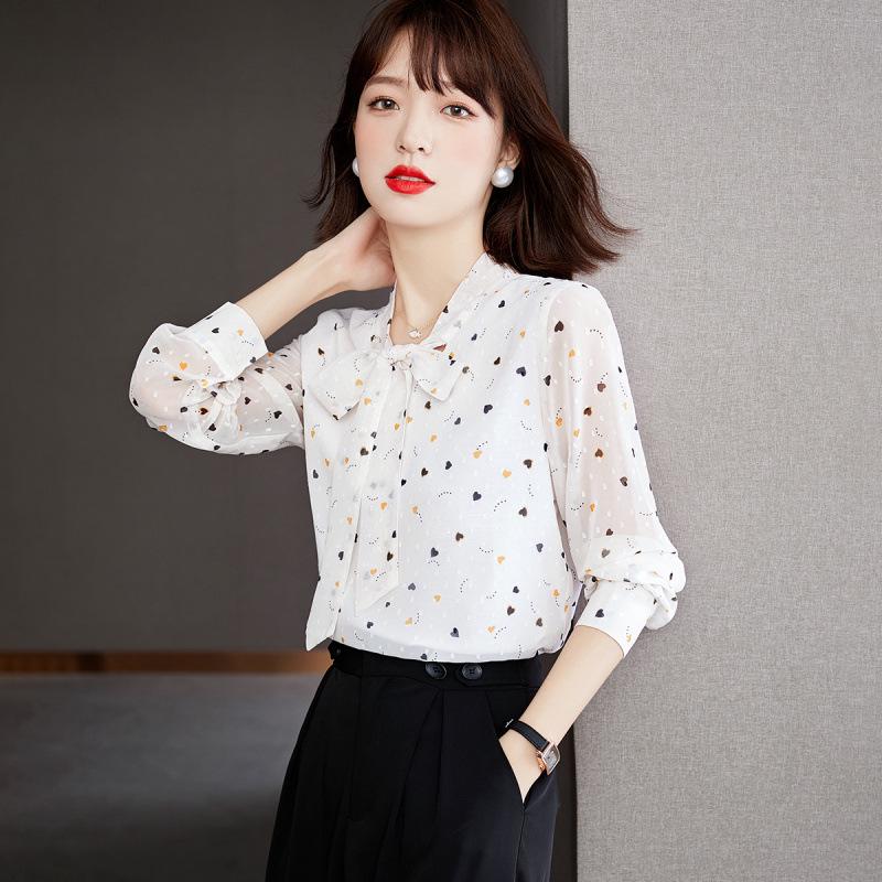

2025 Autumn Floral Long Sleeve Bowknot Chiffon Shirt - Slimming & Tummy Covering M