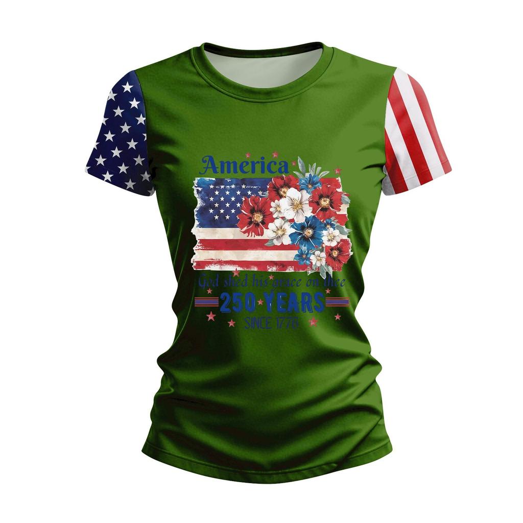 Blusa Feminina da Moda Casual de Manga Curta com Estampa e Gola Redonda