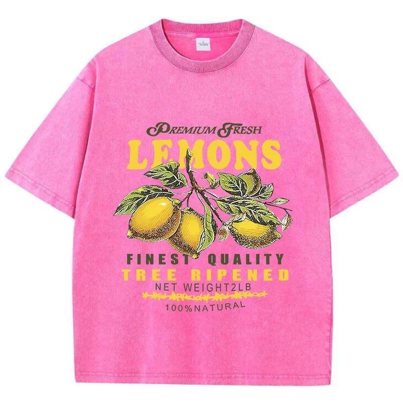 Cotton Women Acid Wash T-Shirts Premium Fresh Lemons Printing Tees Distressed Oversize O-Neck Short Sleeve Female Clothes