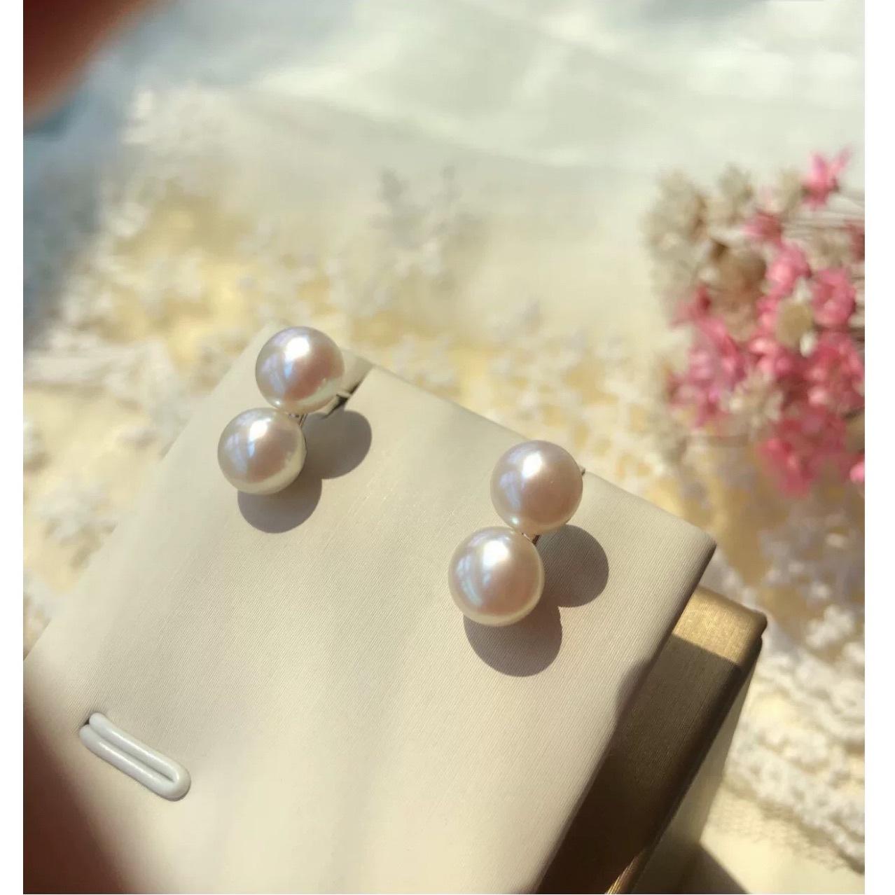 Простой стиль Две серьги-гвоздики с натуральным пресноводным жемчугом Серьги с двойным жемчугом Целиком из серебра S925 Серебряные иглы  Древесный гриб  One size