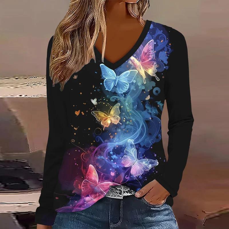 Plus Size European and American Fashion 2025 Women's Elegant V-neck Long Sleeve T-shirt