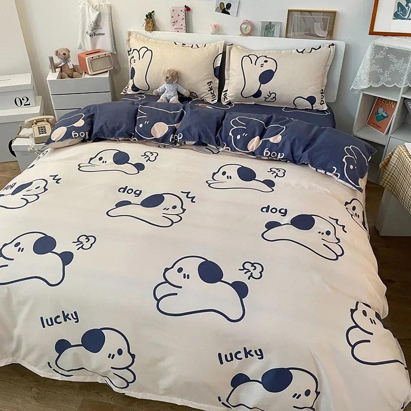 Kawaii Bear Printed Bed Set Floral Duvet Cover Pillowcase Bedding Set Cute Dog Bear Bed Linen Sheet Quilt Full Queen King Size