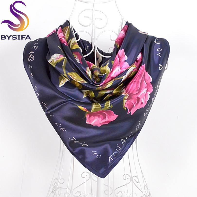[BYISFA] Ladies Silk Scarf Wraps Europe Style Design Satin Big Square Scarf Printed New Brand Women Blue Silk Scarf  90*90cm