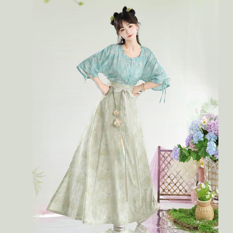 Chinese Tang Dynasty Style Hanfu Printed Tang Robe Top Waist Skirt Modified Daily Suit For Women