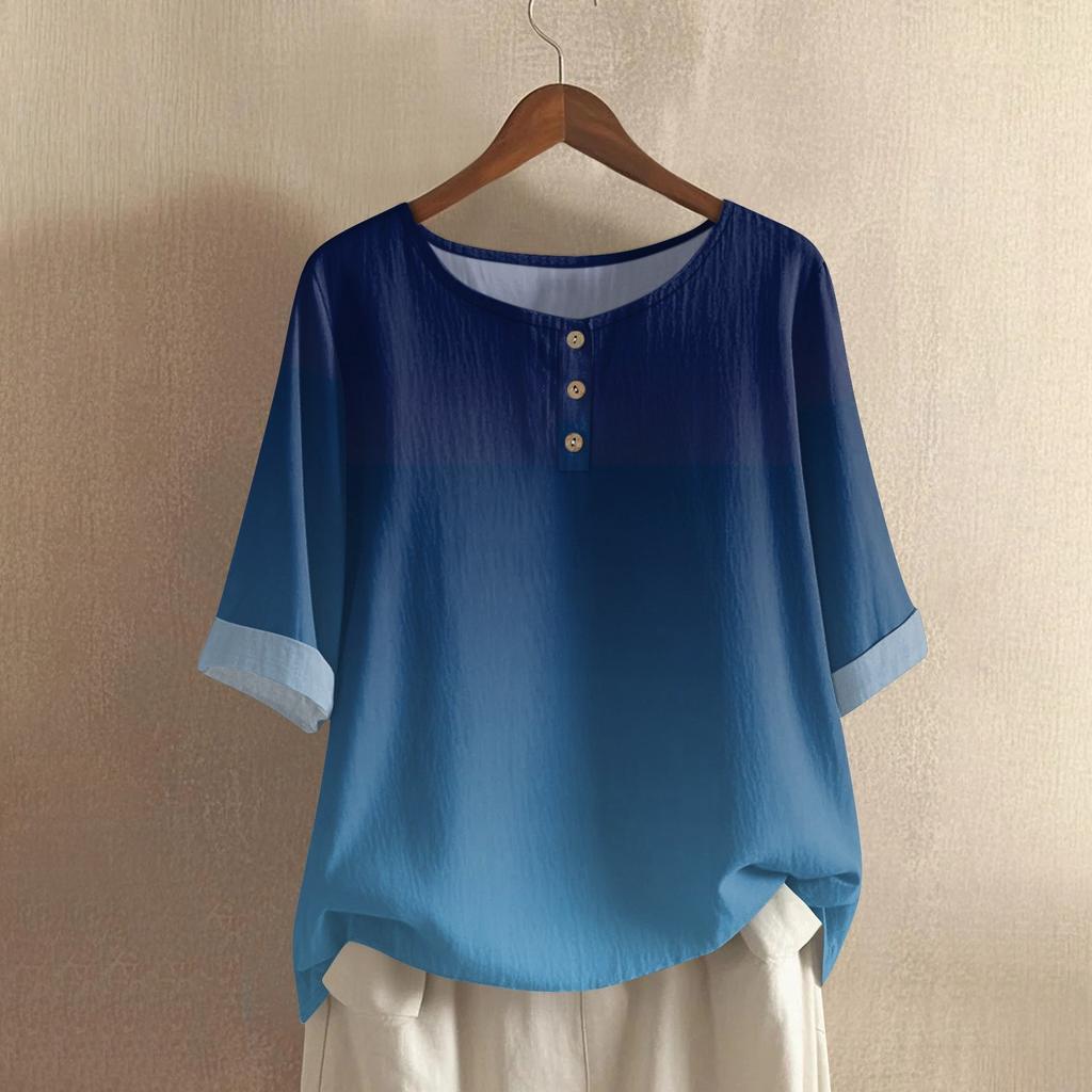 Women's Fashionable And Casual Shirt Half-sleeve Round Neck Print Cotton And Linen Blouse Top