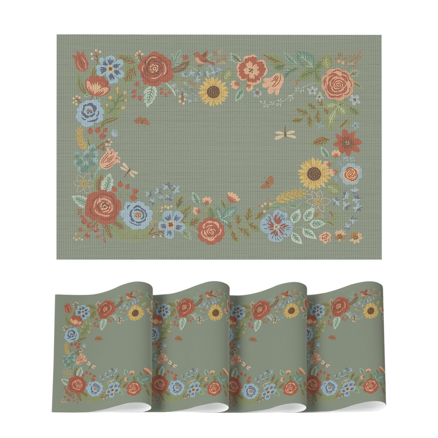 

Sage Florals Butterfly Spring Vinyl Placemats Set of 4, Washable Non-Slip Plastic Table Mats for Vintage Holiday Party Kitchen Dining Decor 12 x 18 , Rectangular 4 Pcs