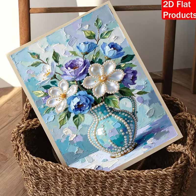 DIY Frameless Pearl Painting Kit Blue Vase Flowers 3D Shiny Bead Art Canvas Relaxing Creative Craft for Home Wall Decor Gift