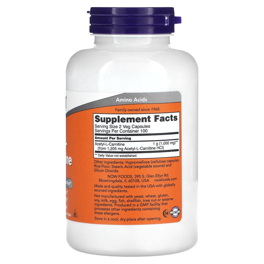 NOW FOODS Acetyl-L-Carnitine 500mg Veg Capsules, 200 Count