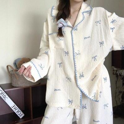 Women's Ins Style Long-Sleeve Pajama Set - Spring/Autumn Lapel Cardigan for Students