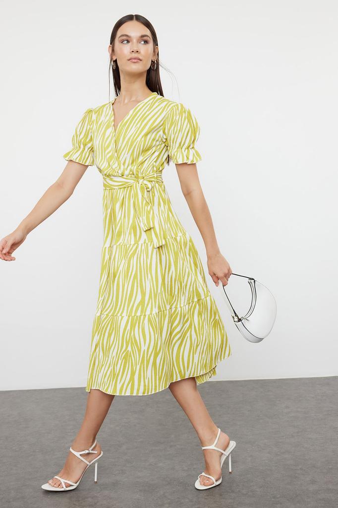 Women's Style Dress Oil Green Printed Belted Double Breasted Skirt Ruffle Knitted Dress