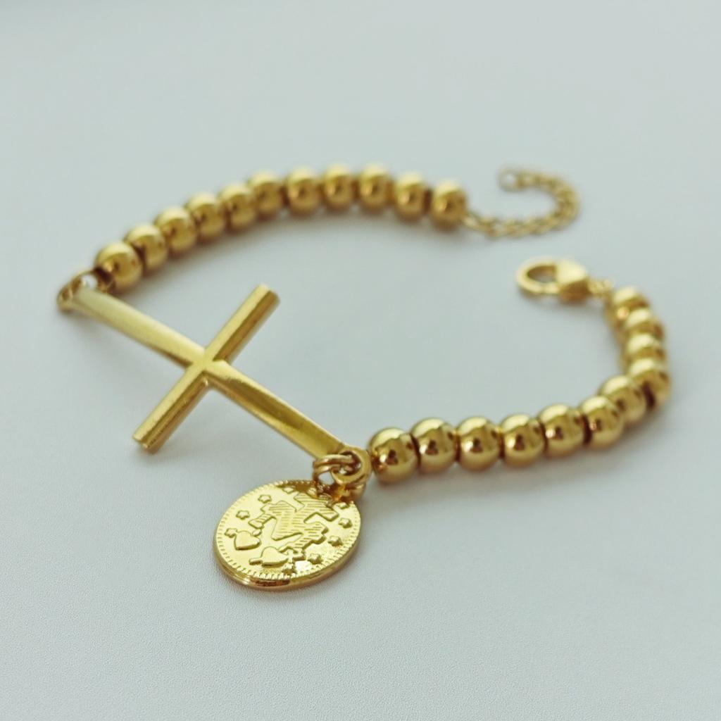 Stainless Steel Beaded Cross Bracelet Miraculous Medal Virgin Mary Charm Rosary Bracelets  Religious Jewelry For Women Men gifts