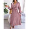 Women Cross V Neck High Waist Long Sleeve Solid Color Pleated Big Swing Maxi Dress
