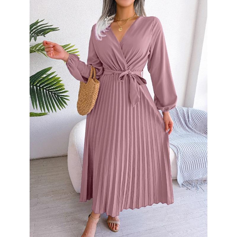 Women Cross V Neck High Waist Long Sleeve Solid Color Pleated Big Swing Maxi Dress
