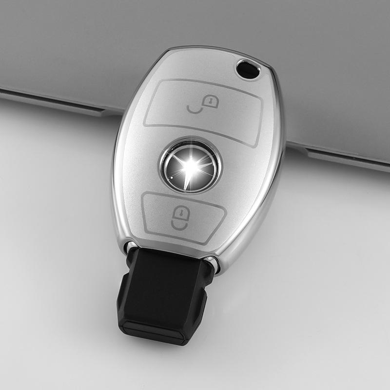 

Чехол для ключа Mercedes с 2 кнопками для C-Class/GLC/GLA/GLK - Пряжка цвета Жидкий серебристый песок .