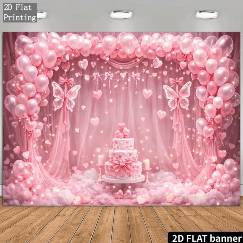 Sfondo 2D Festa Principessa Rosa, Palloncino Glitterato & Striscione Farfalle per Compleanno Bambina & Baby Shower