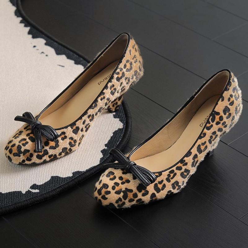Fashion Fashion Round Toe Leopard Mary Jane Shoe Women Sweet Bow Kitten Heel Design Brand Pumps Elegant Banquet Dress Shoe Zapatos Mujer