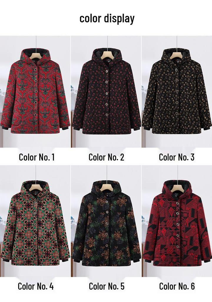 Elderly Women's Winter Fleece-Lined Cotton Jacket for 60s-70s Mom