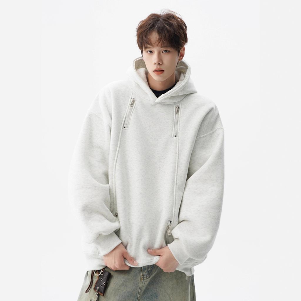 American Heavy Hooded Gray Sweater Men's Trendy High Street Double Zipper Design Sense Loose Versatile Hoodie Jacket