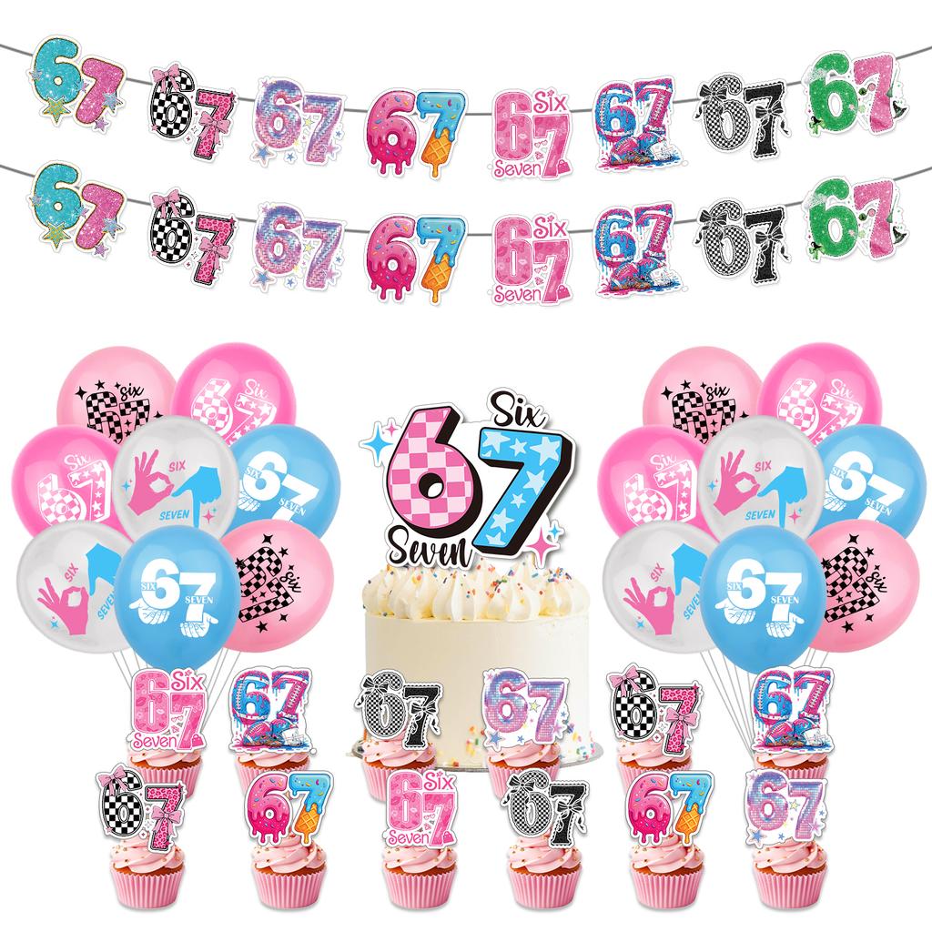 Decorațiuni Amuzant pentru Petrecerea 67 Șapte Șase, Set Decorațiuni Petrecere cu Tematică 67 Meme Include Steag, Topper pentru Tort, Toppere pentru Cupcake-uri, Balon