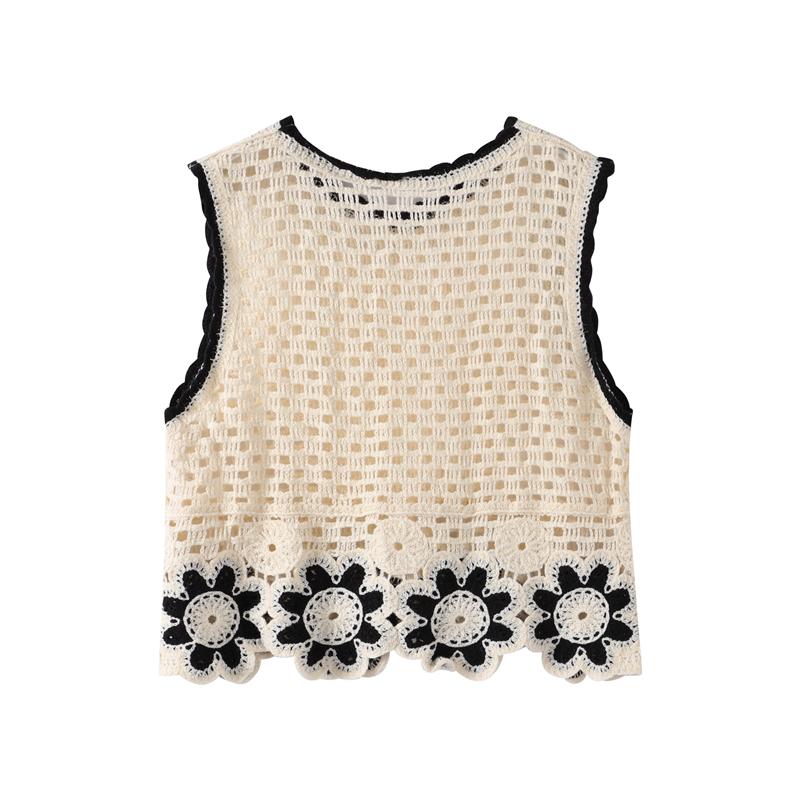 Hollow Out Knitted Sets for Women Sleeveless O-neck Short Vest Crochet Embroidery Flower Knitting Pants Elegant Women's Sets Simple Vintage 2 Piece