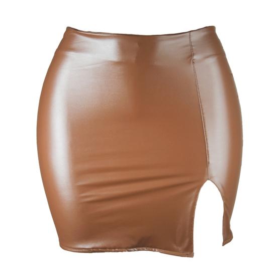 Solid Color Hidden Zipper Mini Skirt Faux Leather High Waist Split Skinny Skirt Streetwear