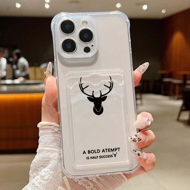 For iPhone 16E 16 Pro Max 15 Pro 14 13 12 11 Cover Shell Simple Deer Pattern Clear Card Pocket Slot Slim Shockproof Soft Silicone Phone Case