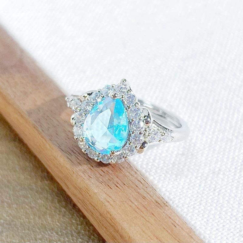 Light Luxury High-End Sea Blue Love Color Treasure Full Of Diamonds Zir*****Pen Ring Niche Exquisite Ring Woman