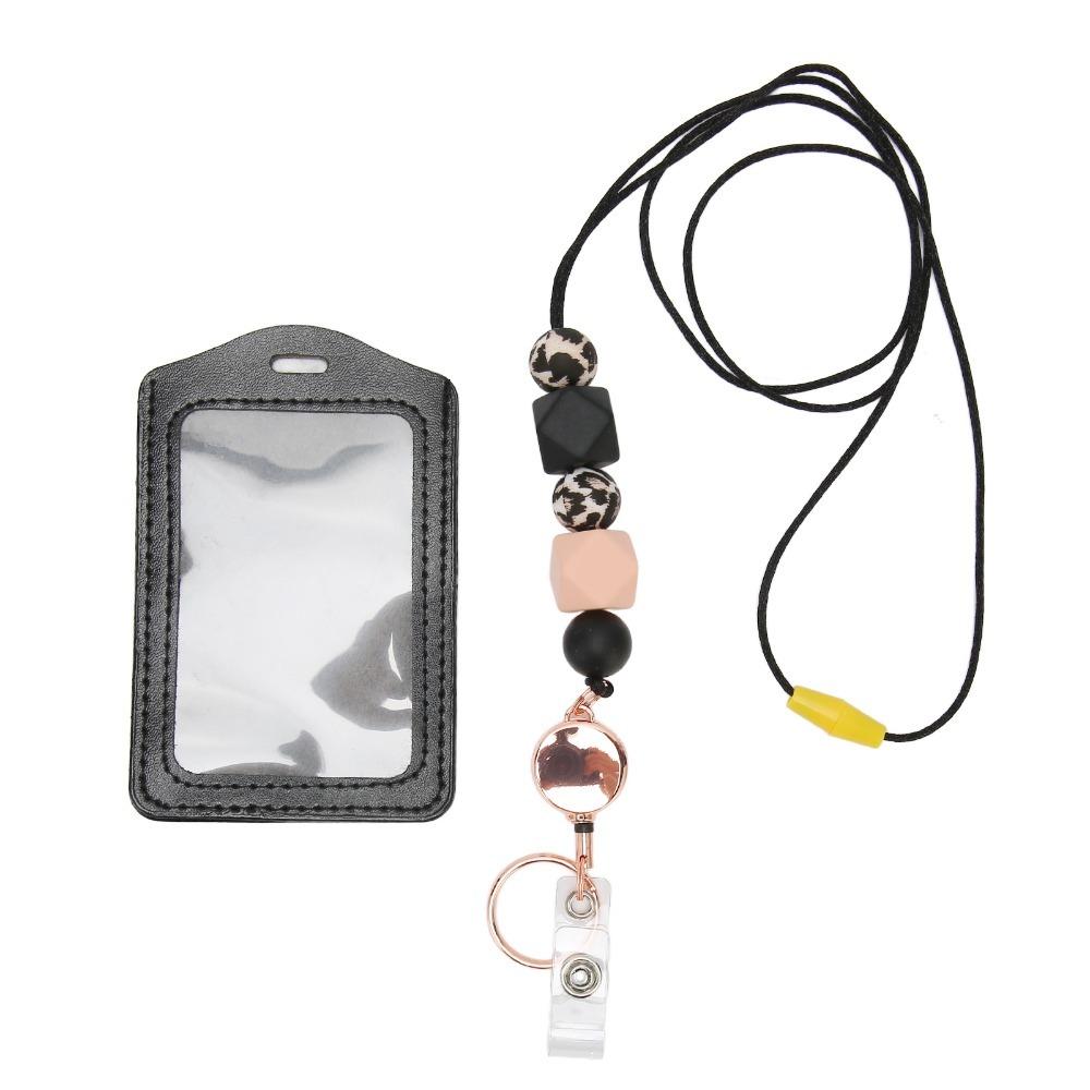 Retractable Silicone Beaded Lanyard Flesh Pink/Pink/Purple/Grey with Transparent ID Holder ID Badge Holder with Lanyard