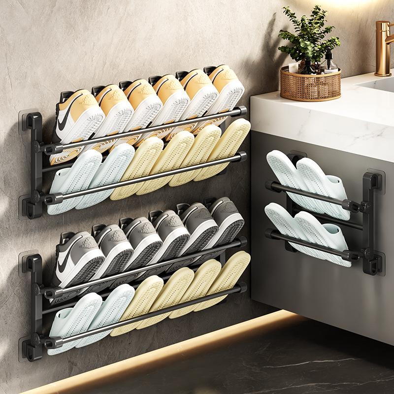 Wall Mounted Shoe Rack Free Punch Slipper Rack Bathroom Slipper Hook Shoe Storage Shelf Drying Rack Door Shoe Hanging Holder