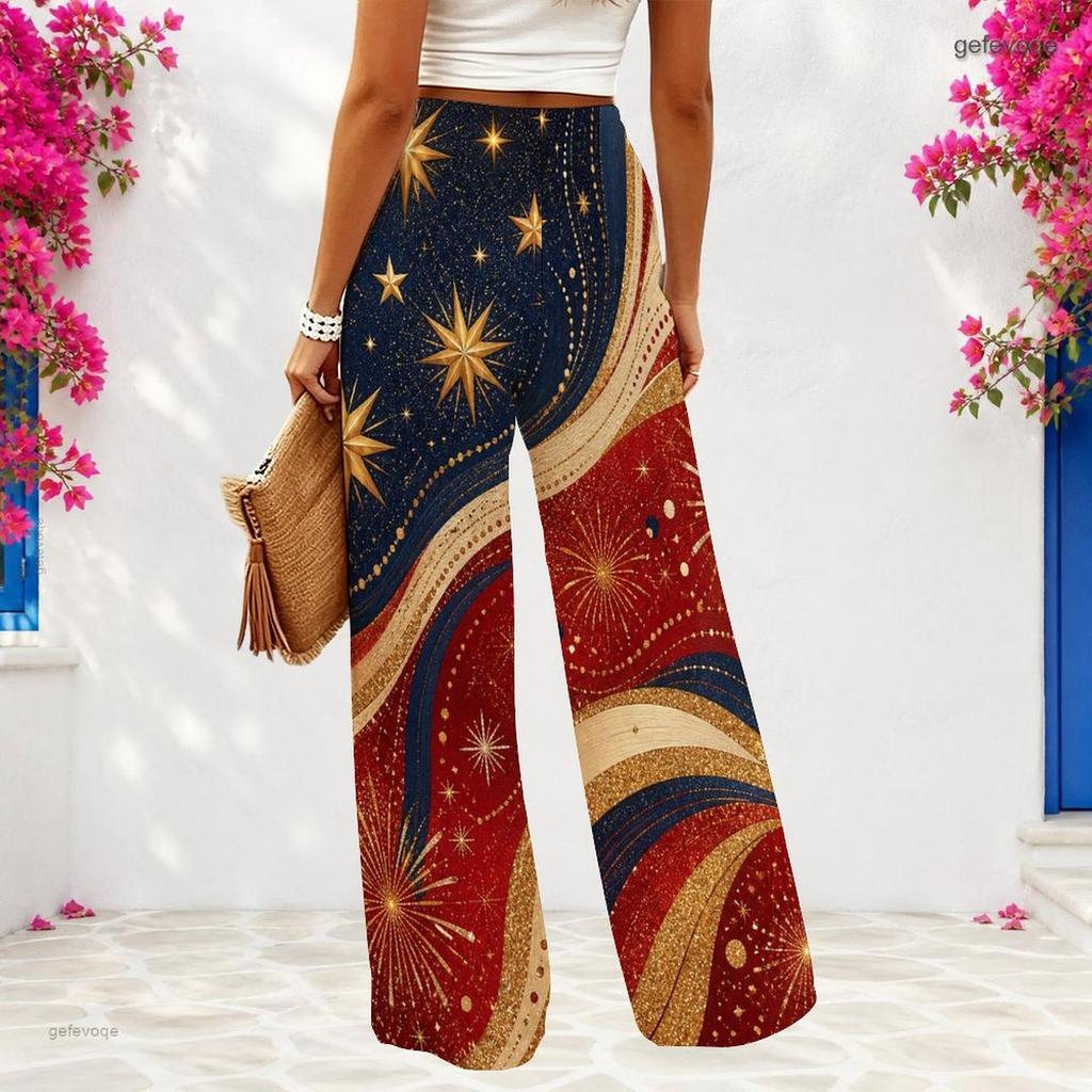 Women Plus Size Loose Wide Leg Full Length White Star Striped Printed Pants