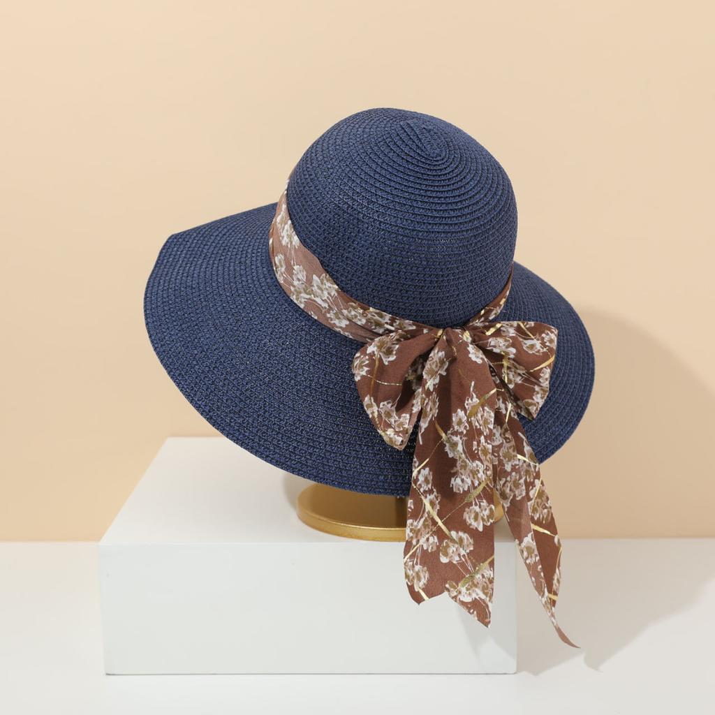 Bow straw hat fashion streamer casual woven straw hat travel sun protection seaside big eaves hat sun hat