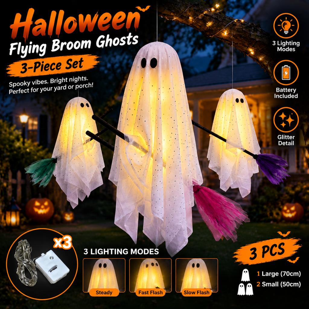 Halloween Flying Broom Ghost Decorations, 3-Piece Set