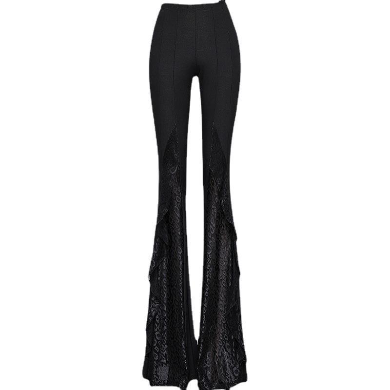 2025 Spring Black Lace High-Waisted Wide Leg Fishtail Pants