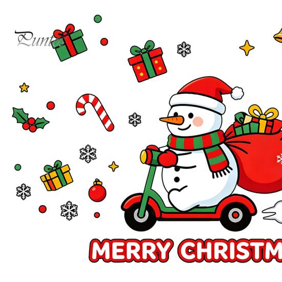 Winter Home Decor Cute Snowman Scooter Christmas Static Window Cling, Cartoon Merry Glass Decorations Decal, Waterproof Sticker for Shop Xmas
