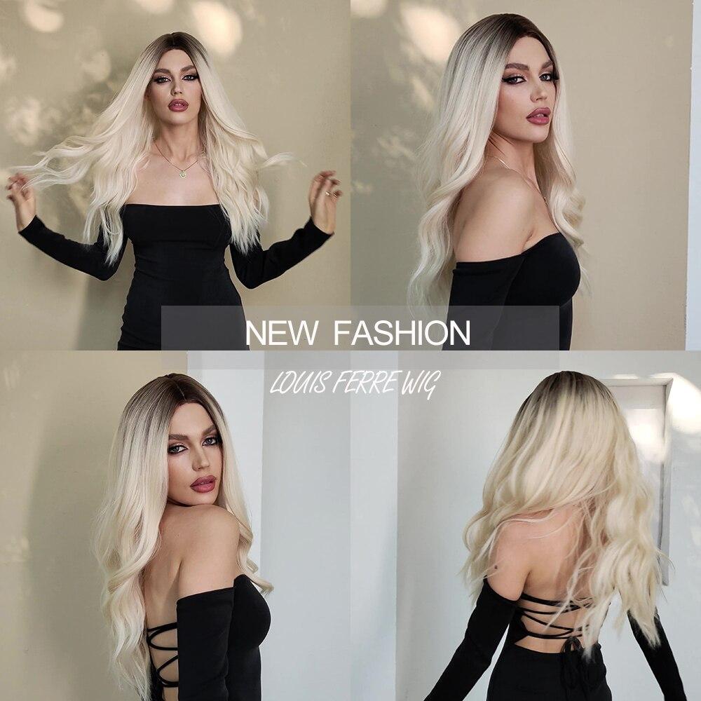 ALAN EATON Synthetic Wigs for Women Long Wavy Gradient Dark Brown Root Blonde Wigs Middle Part Cosplay Daily Heat Resistant Fiber