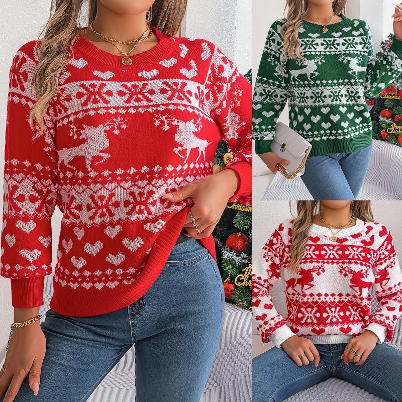 Autumn and winter Christmas fawn pattern women's long-sleeved pullover sweater, warm and comfortable women's tops in a festive atmosphere