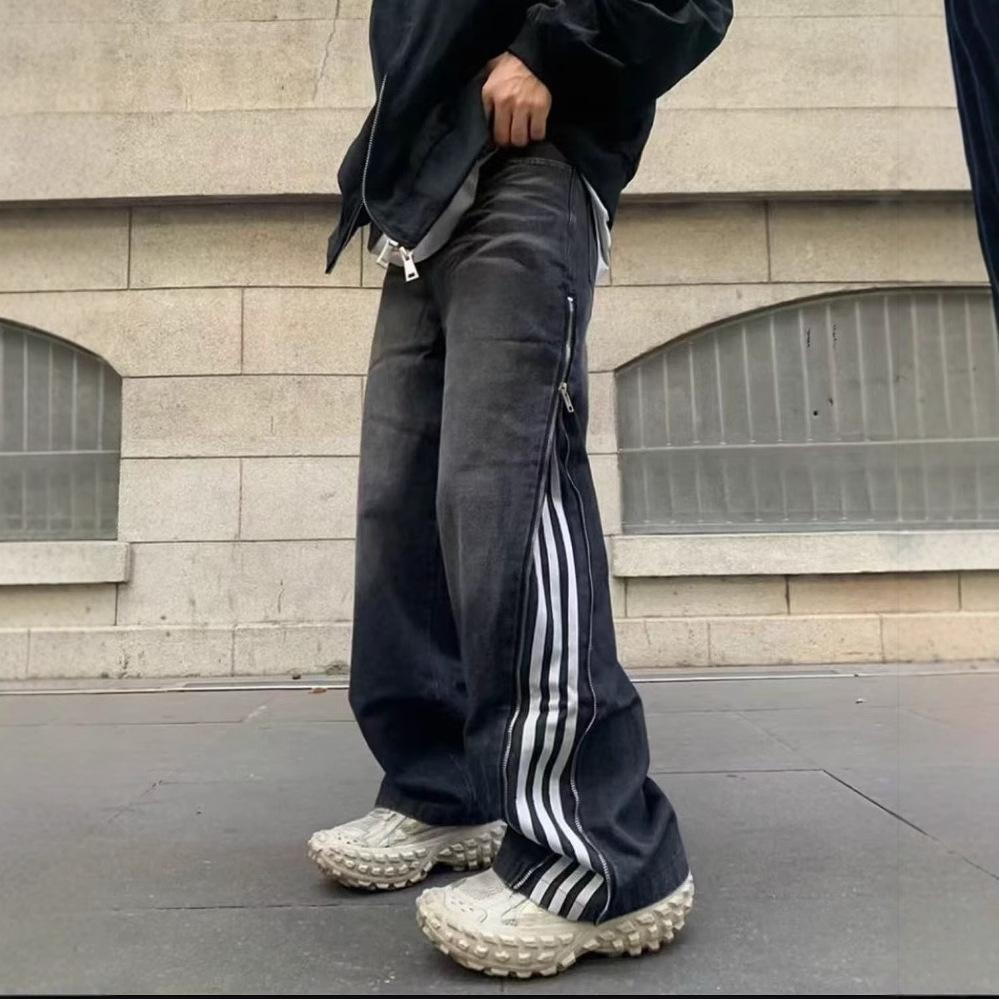 JYL Men's Black Striped Jeans Vintage Three-Stripe High-Street Loose Straight Denim