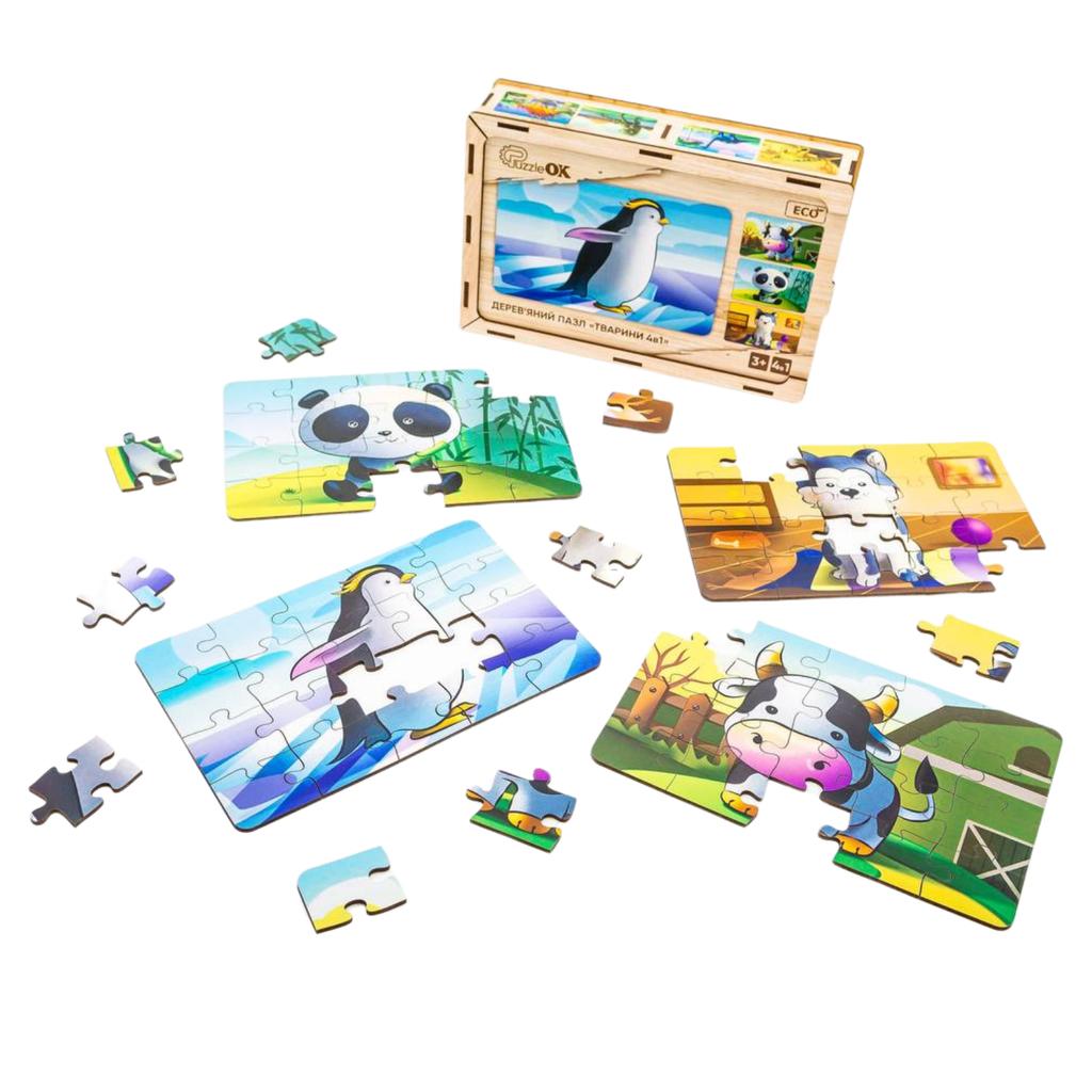 Drewniane Puzzle 4W1 Zwierzęta Układanka Zestaw Krówka Piesek Panda Pingwin Puz-10369