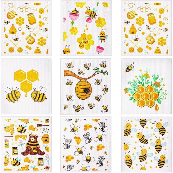 Newwiee 9 Pcs Swedish Kitchen Dishcloths Swedish Dish Towel Kitchen Washcloths Reble Absorbent Towels Cleaning Dish Cloths for Bar Hand Washing(Bee) Bee