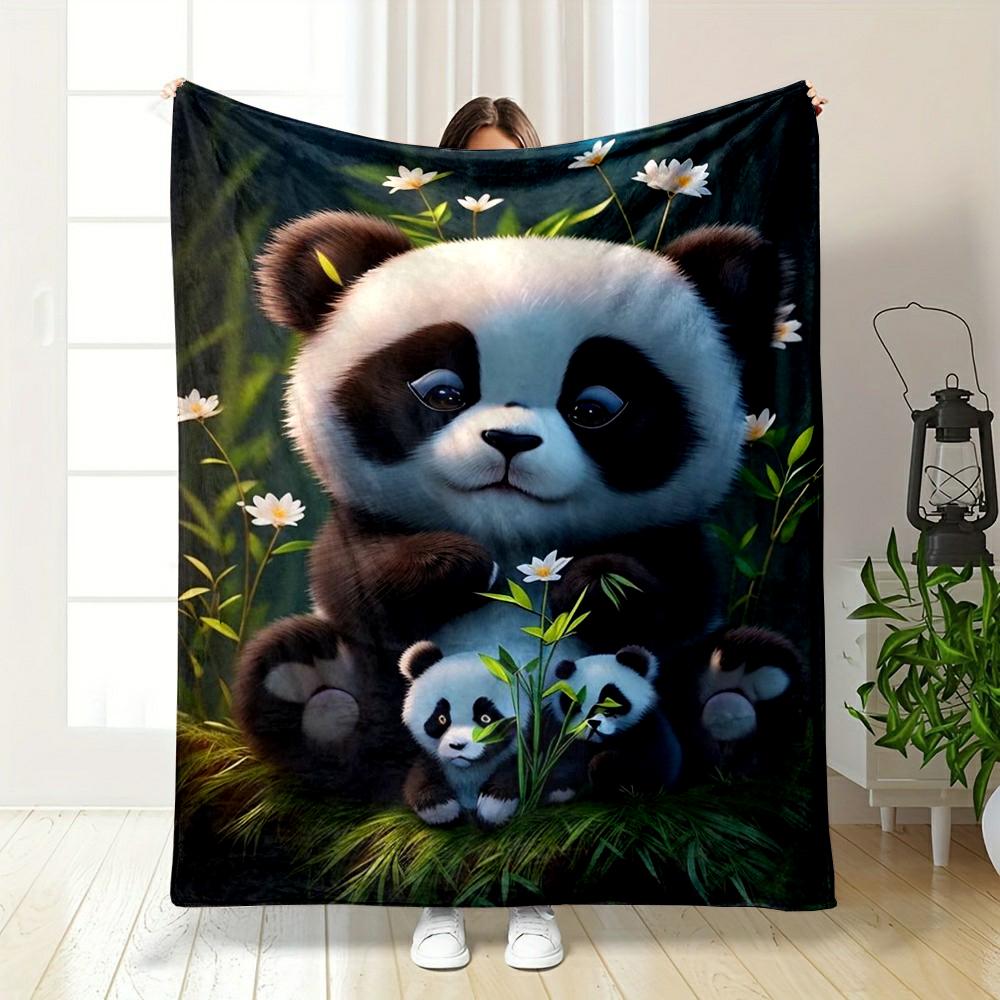 Cute Panda Family with Flowers Design Blanket Flannel Blanket for Bedroom, Living Room, Sofa, and Nap Sofas
